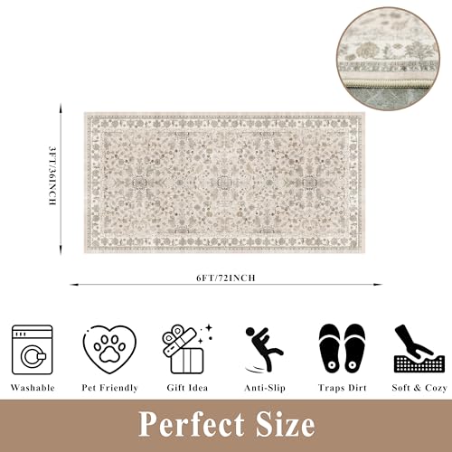 3x6 Kitchen Runner Rug Non Slip Washable - Soft Low Pile Stain-Resistant Wide Carpet Runner for Hallway Entryway Bedroom Bathroom with Rubber Backing - Boho Floral Door Mat(Beige,3x6)