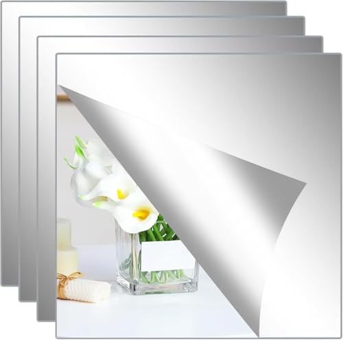 Abyssaly Mirror Stickers for Walls 4 Packs Self Adhesive Stick on Mirrors Tiles Small Peel and Stick Mirror Tiles 2mm Unbreakable Wall Mirrors Decorative Sheets for Kitchen 7.8''x7.8''