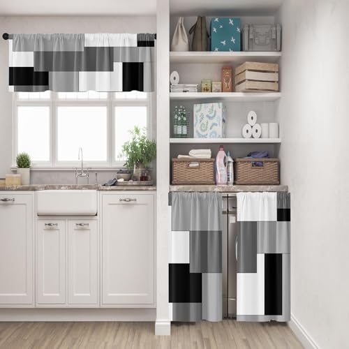 Black White Gray Kitchen Window Curtains Valance and Tier Set 36 Inch, Dark Grey Modern Geometric Rod Pocket Short Tier Curtain for Bathroom, Small Cafe Drapes for Kitchen Decor