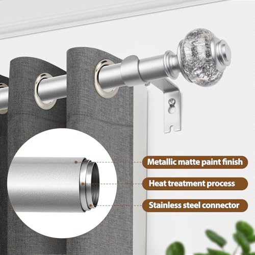 USFOOK Curtain Rod 32 to 58 Inches (2.6-4.8ft), 7/8 inch Telescoping Splicing Curtain rods for Windows 20 to 54 inches, Silver Decorative Drapery Rods for Home with Translucent Finials