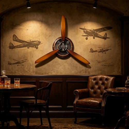 Pilot Gifts for Men Metal Antique Airplane Propeller Wall Clock Aviation Decor Masculine Wall Gifts Dad for Living Room Bedroom Rustic Wall Sculptures Claybank 29.5×26.4 Inches
