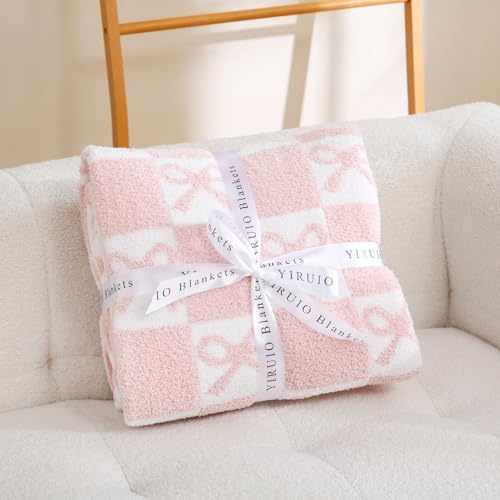 YIRUIO Pink Checkered Throw Blanket with Bow Pattern - Ultra Soft Lightweight Microfiber Knit, Plush Fuzzy Cozy Home Decor for Couch Sofa Bed, Reversible All-Season 50x60 Inches