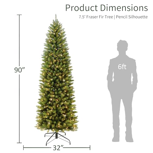 Puleo International 7.5ft Pre-Lit Fraser Fir Pencil Christmas Tree with 350 Clear Lights, 1188 Realistic Dense Branch Tips, Easy Setup Artificial Trees with Sturdy Metal Stand