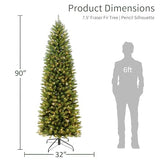 Puleo International 7.5ft Pre-Lit Fraser Fir Pencil Christmas Tree with 350 Clear Lights, 1188 Realistic Dense Branch Tips, Easy Setup Artificial Trees with Sturdy Metal Stand