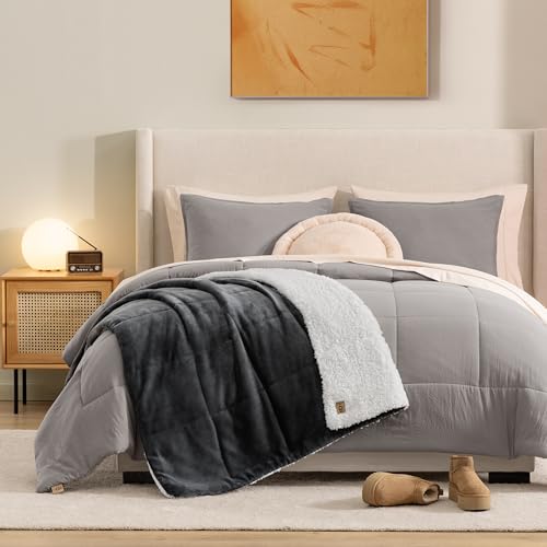 UGG Nita Throw Blanket for Bed, Soft Reversible Plush Throw for Couch and Living Room, Cozy Fluffy Blanket, Washable Bedding, Home Decor, 50-inch x 70-inch, Charcoal Grey