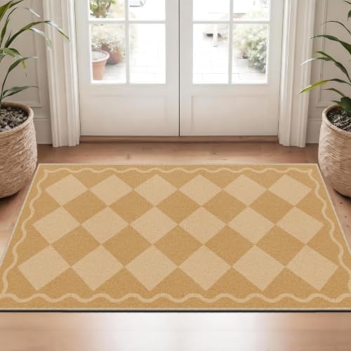 Checkered 2x4 Hallway Runner Rug Non Slip, Diamond Beige