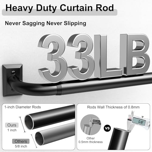 Black Curtain Rods, Heavy Duty Wrap Around Curtain Rod for Windows 28 to 48 Inch, 1‘’ Adjustable Decorative Blackout Drapery Pole, Modern Room Darkening Rod, Window Treatment Rods, Matte Black