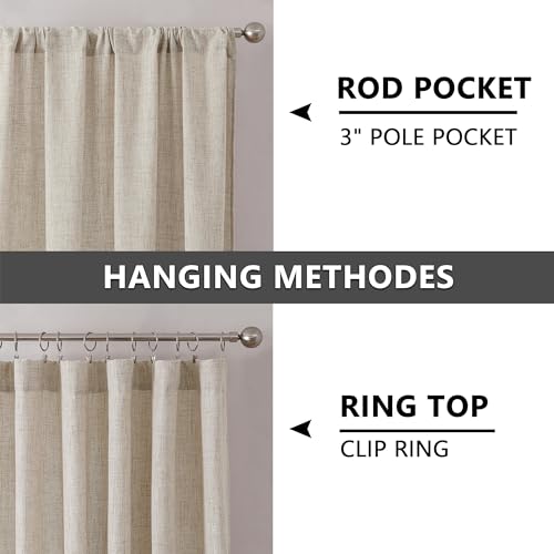 Tollpiz Short Linen Curtains Bedroom Rod Pocket Semi Sheer Curtain Burlap Light Filtering Thick Linen Drapes for Living Room, 38 x 45 inches Long, Natural, Set of 2 Panels