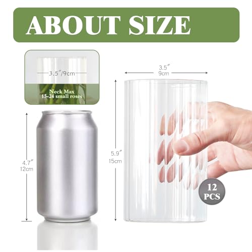 12Pcs Glass Cylinder vases for Centerpieces, 6 Inches Clear Ribbed Bud Vases for Wedding Decorations,Floral Vase Bulk Flower vases,Tall Glass Hurricane Candle Holder for Table Shelf, Party(Ribbed)