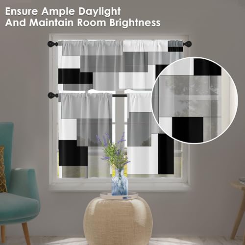 Black White Gray Kitchen Window Curtains Valance and Tier Set 36 Inch, Dark Grey Modern Geometric Rod Pocket Short Tier Curtain for Bathroom, Small Cafe Drapes for Kitchen Decor