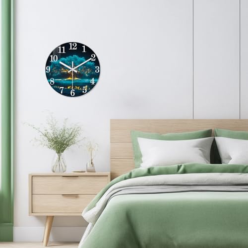 XNM Modern Decorative Glass Wall Clocks Battery Operated 12 Inch Teal Tree of Life Wall Clocks for Living Room Kitchen Bedroom Office Decor Natural Landscape Analog Wall Clock Silent
