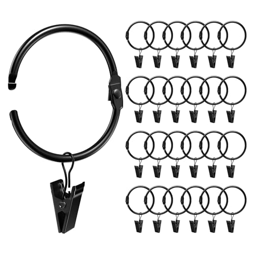 24 Pack 2 Inches Openable Curtain Rings with Clips, Drapery Metal Clip Iron Drapes Hangers Decorative for Windows Rods Rustproof, Black