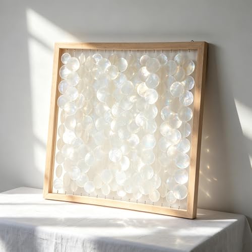 GYHPD 22" x 22" Handmade Capiz Shell Wall Art, Real Natural Capiz Shell Wall Hanging with Solid Birch Wood Frame, Coastal Wall Decor for Living Room, Bedroom, Entryway, Beach House, Ready to Hang