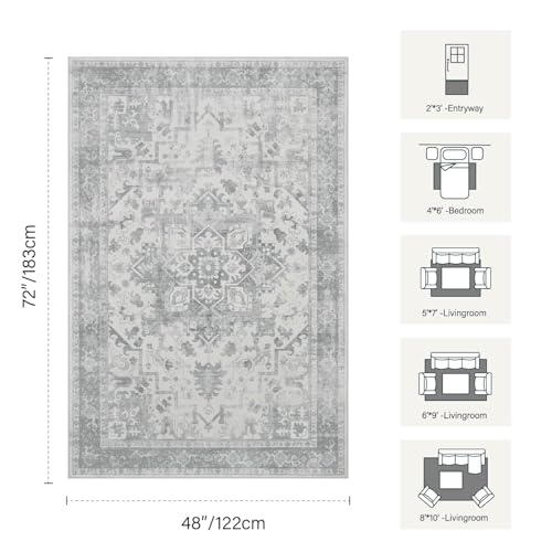 4x6 Vintage Boho Washable Rug for Bedroom(Grey)