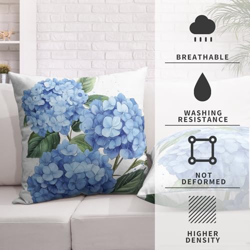 Blue Hydrangea Pillow Covers 18x18 Set of 2 Spring Summer Decorative Pillow Covers Flower Throw Pillow Case Square Cotton Linen Cushion Case for Outdoor Living Room Couch Sofa