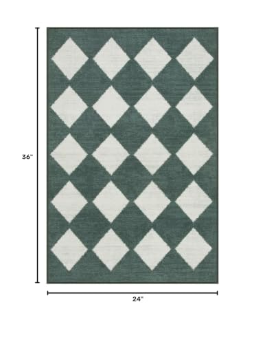Lahome Zelie Checkered Washable 2x3 Green Kitchen Rugs Non Slip, Small Printed Indoor Door Mat for Entryway, Moroccan Trellis Ultra-Thin Throw Carpet for Bedroom Entrance Decor (2'x3',Dark Green)