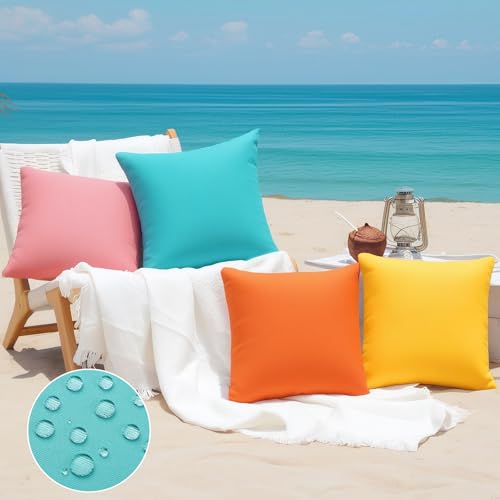 fauson Outdoor Pillow Covers 18x18 Set of 4, Outdoor Waterproof Decorative Throw Pillow Covers for Garden Patio Tent Balcony Bench Couch Sofa
