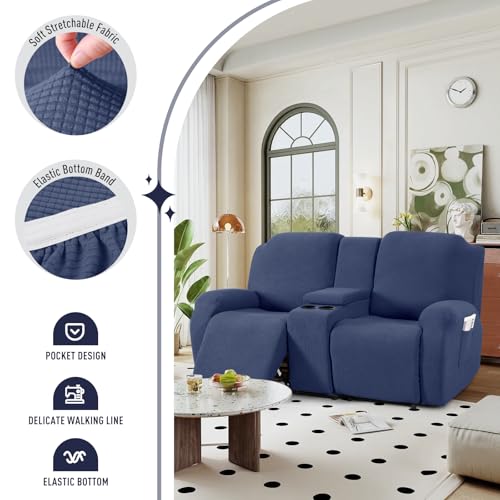 TAOCOCO Recliner Loveseat Cover with Middle Console & Recliner Sofa Covers for 3 Seat, Navy Blue