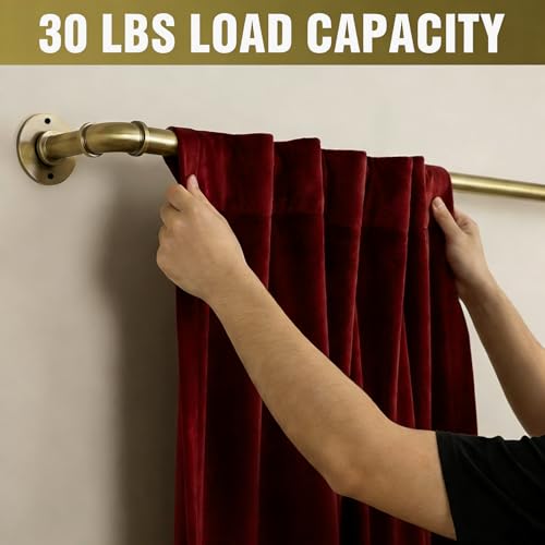 Aged Brass Industrial Curtain Rod for Windows 18 to 88 Inches,1 Inch Adjustable Drapery Pole,Heavy Duty Outdoor/Indoor Modern Curtain Rods,Easy Installation(Aged Brass 18"-88")