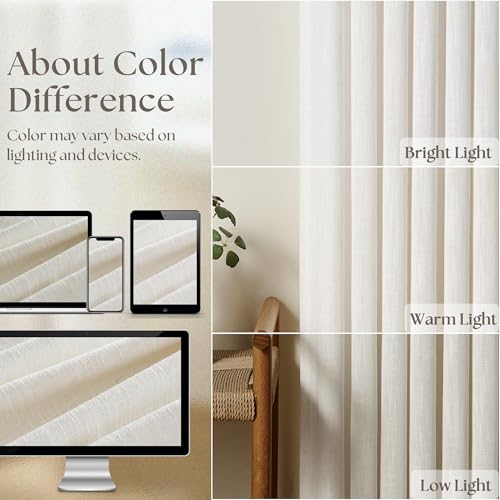 Natural Pinch Pleated Linen Curtains 84 Inch Length 2 Panels for Living Room Bedroom Textured Cream Ivory Birch Semi Sheer Boho Neutral Back Tab Pinch Pleat Hooks Rings Window Curtain 84 Inches Long