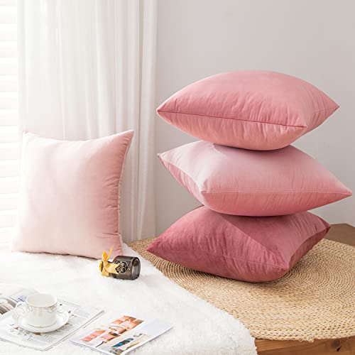 Velvet Decorative Throw Pillow Covers, Soft Square Cushion Case Home Decor for Living Room Couch Bed Sofa, Set of 2 Pack, Pink, 18x18 Inch