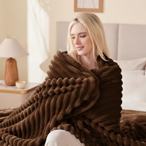 EXQ Home Fleece Throw Blanket for Couch or Bed - 3D Stripe Jacquard Decorative Blankets - 280GSM Cozy Soft Lightweight Fuzzy Flannel Blanket Suitable for All Seasons(50"×60",Brown)