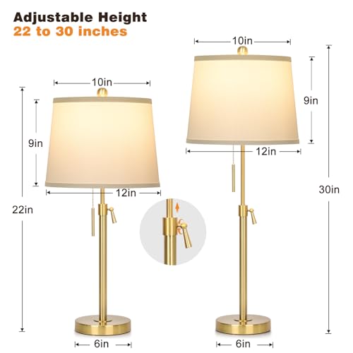 2 Pack 22"-30" Adjustable Height Table Lamps Set, Modern Gold Table Lamps with White Shade 3 Colour Temperature Pull Chain Tall Lamps for Living Room Bedroom Bedside End Table Nightstand