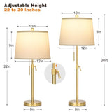 2 Pack 22"-30" Adjustable Height Table Lamps Set, Modern Gold Table Lamps with White Shade 3 Colour Temperature Pull Chain Tall Lamps for Living Room Bedroom Bedside End Table Nightstand