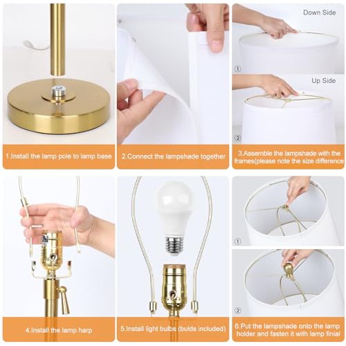 2 Pack 22"-30" Adjustable Height Table Lamps Set, Modern Gold Table Lamps with White Shade 3 Colour Temperature Pull Chain Tall Lamps for Living Room Bedroom Bedside End Table Nightstand