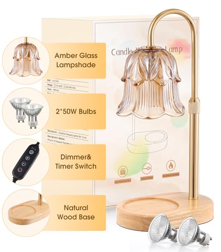Candle Warmer Lamp Adjustable Timer - Electric Flower Glass Candles Warmers Adjustable Height Dimmable Vintage Base Modern Wax Candles Top Warmers for Small Jar Scented Wax Melts