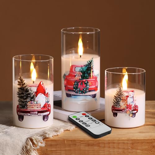 Christmas Glass Flameless Pillar Candles with Remote Set of 3