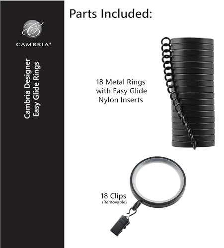 MODE Cambria Designer Series - Premium Easy Glide 18 Count Curtain Rings - Metal with Smooth, Quiet Nylon Inserts with Clips - 2 inch Diameter (1-5/8 inch Inside Diameter) - Brushed Gold