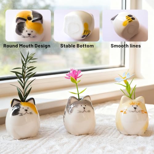MOUGIGI 3PCS Mini Flower Vases–Unique Small cat vase-Cute Ceramic Bud Vases for Single Stem Flowers & Cat Whisker-Home Decor for Desks & Bookshelves-Ideal Gift for Cats Lovers & Flower Enthusiasts