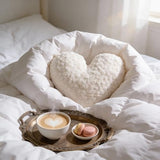 16" Creamy Pearl White Heart Pillow, Luxury 600GSM Rose Textured Faux Rabbit Fur, Super Matte Soft Aesthetic Decorative Throw Pillow for Couch Bed Sofa, Neutral Home Decor Heart Cushion