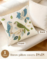 Embroidered Throw Pillow Cover 18x18 Inch - Summer Farmhouse Decorative Pillow Covers with Zipper for Couch Sofa Bedroom Living Room Spring Boho Cushion Pillowcase, Birds Leaves