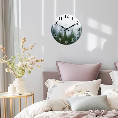 XFM Small Wooden Wall Clock Forest Tree Battery Operated Clocks MDF Silent Non-Ticking Wallclock 10 Inch Misty Forest Decorative Round Wall Clocks for Bathroom Decor