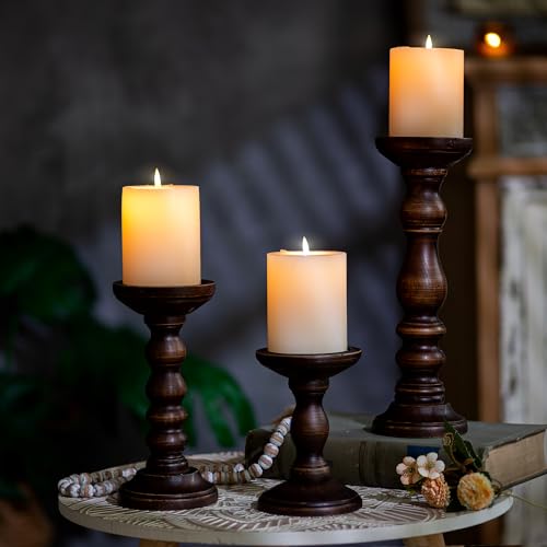 Romadedi Wood Pillar Candle Holders, Dark Brown Solid Wood, Set of 3