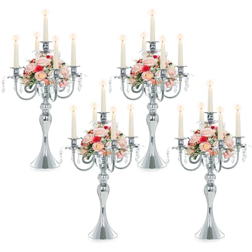20.3'' Tall 5 Arm Silver Metal Candelabra Centerpiece for Table, Retro Table Centerpieces for Party, Events, Home, Wedding Decor (4)