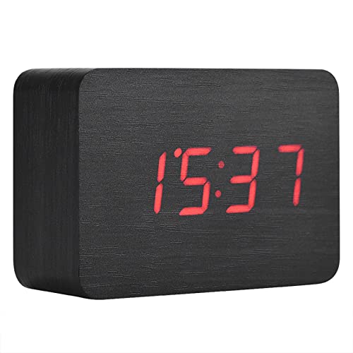 Kadimendium Gentle LED Lights Powered by 3 AAA Batteries Wooden Clock Alarm Clock Alarm Temperature Display Digital Alarm for Famliy (Black Wood + red Light)