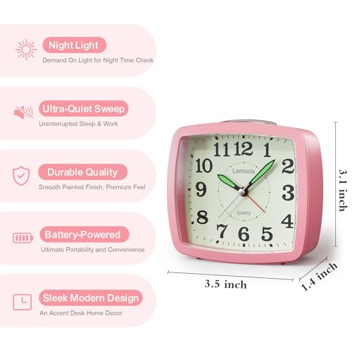 Lamisola Battery Analog Travel Alarm Clock, Small Clock for Bedroom, Desk Table Shelf Clocks for Room Office Bathroom Vanity, Aesthetic Retro Clocks for Kids Girls, Pink