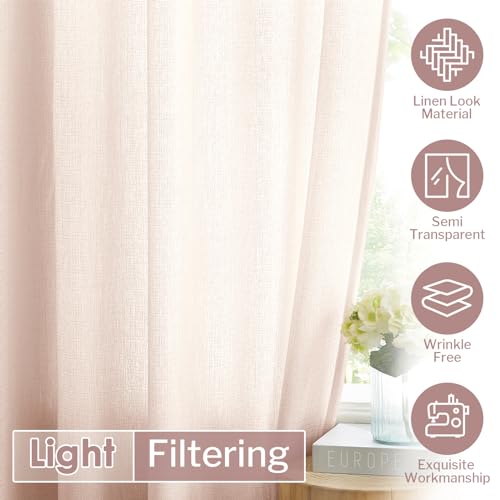Melodieux Pink Sheer Curtains with Tiebacks - 84 Inches Long for Living Room, Rod Pocket, Linen Look Shiny Texture, Semi Sheer Light Filtering Curtain Drapes for Bedroom, 52" W x 84" L, 2 Panels
