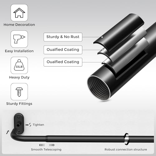 Wrap Around Curtain Rods Black, Blackout Heavy Duty Curtain Pole for Windows 48 to 84 Inch, 1" Decorative Room Darkening Curved Modern Drapery Rod (Matte Black/Unique Design/All Metal)