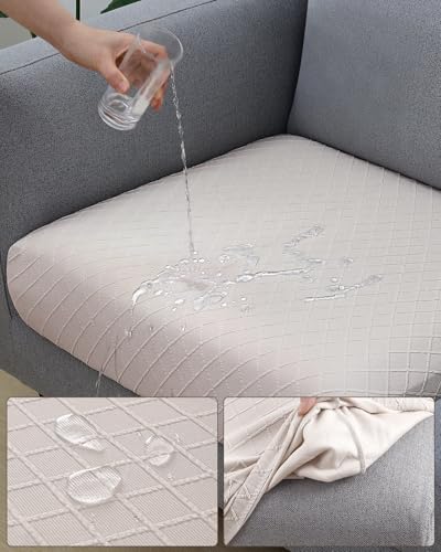 Fuloon Waterproof Seat Cushion Covers 2 PCS, Stretch Sofa Cushion Slipcovers Couch Covers Solid Washable Furniture Protector Suitable for Armchair Loveseat Sofa (Pale Beige)