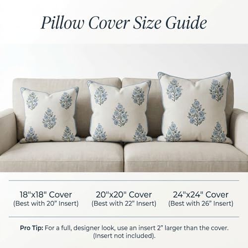 Jillien Harbor “The Camille” Floral Block Print Pillow Cover – Soft Blue and White Decorative Throw Pillow Cover – Grandmillennial Home Decor, 20" x 20"