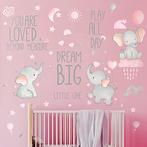Outus 7 Pcs Dream Big Little One Elephant Nursery Wall Stickers Wall Decor Baby Room Moon Hot Air Balloon Pink Grey Stars Decals for Kids Living Room Bedroom Decorations Home Decor