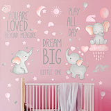 Outus 7 Pcs Dream Big Little One Elephant Nursery Wall Stickers Wall Decor Baby Room Moon Hot Air Balloon Pink Grey Stars Decals for Kids Living Room Bedroom Decorations Home Decor