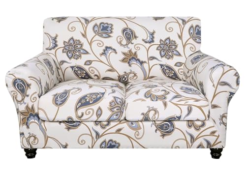 SearchI Stretch Sofa Cover Printed Couch Cover, Floral Pattern 3 Pieces Loveseat Slipcover with 2 Separate Cushion Cover, Washable Furniture Protector for Living Room(Loveseat, Love Flower)