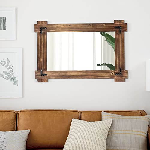 MeMoreCool Rustic Wood Mirror for Bathroom, Farmhouse Wall Mounted Vanity Mirror, Rectangular Wooden Framed Mirror for Bedroom Living Room Entryway, 30 x 20 Inch
