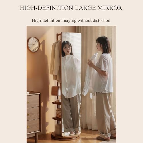 360° Rotatable Full-Length Solid Wood Mirror with Coat Rack | 2-in-1 Floor Standing Makeup & Dressing Mirror for Bedroom, Living Room, Entryway & Cloakroom Storage