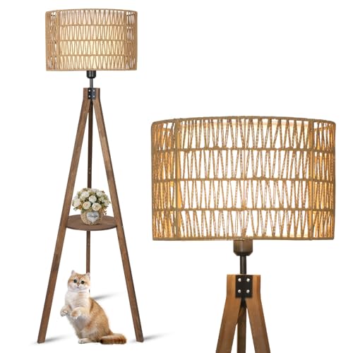 Boho Tripod Floor Lamps for Living Room, Rattan Wood Floor Lamp with Fabric Shades, Mid Century Standing Lamp with Shelf, Foot Switch, Modern Farmhouse Tall Lamps for Bedroom Office Brown